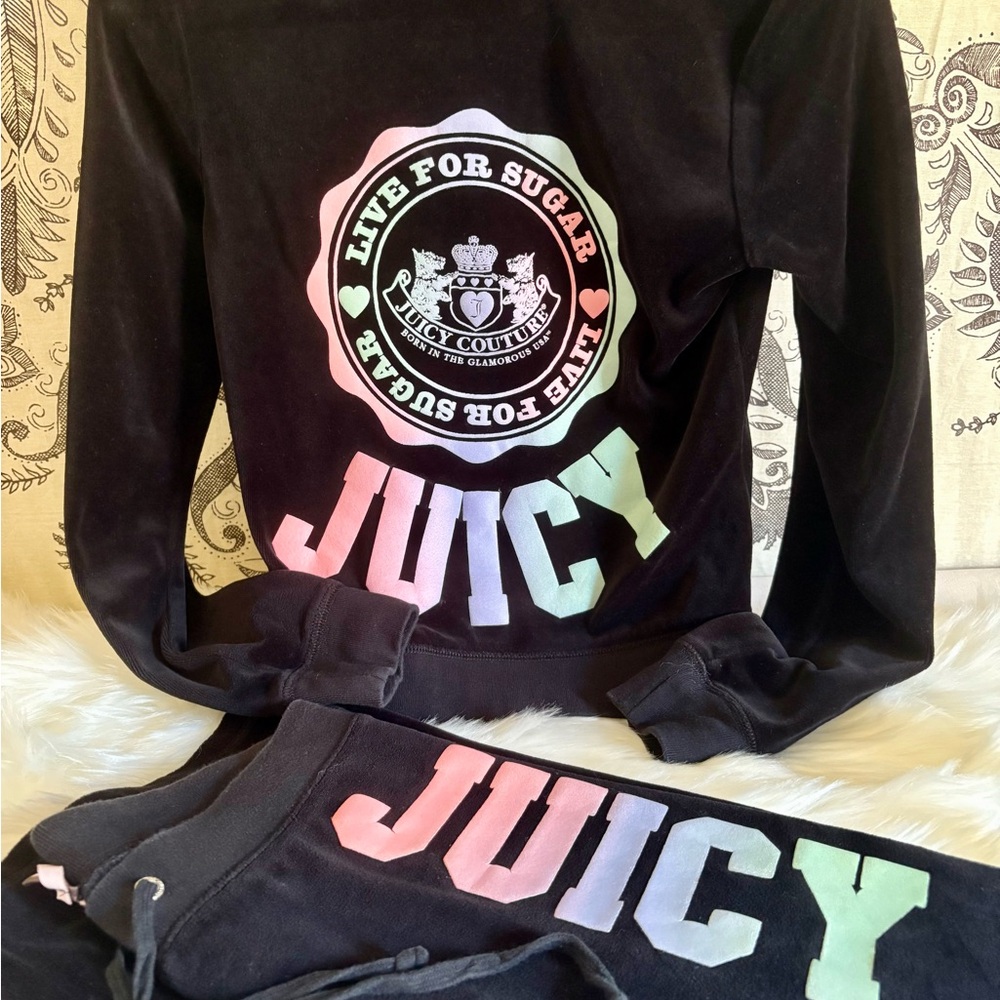 Juicy Couture Black Velour Set with Pastel Logo